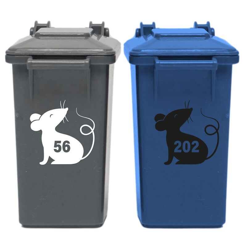May include: Two small trash cans, one gray and one blue, with a mouse graphic and a number on each. The gray can has a white mouse with the number 56 and the blue can has a black mouse with the number 202.