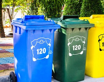 Personalised Round Pig Bin Sticker: Custom Wheelie Bin Decal with House Number - Cute Outdoor Decor, Funny Pig Sticker for Dustbin