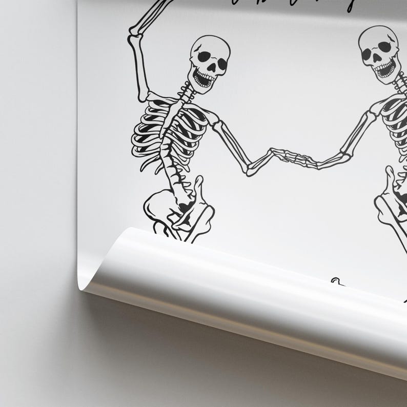May include: Two black skeletons dancing with their arms linked. The skeletons are on a white background.