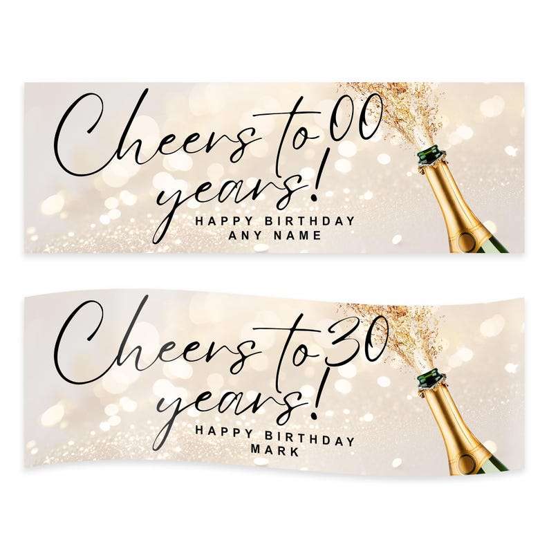 以下が含まれることがあります： シャンパンをテーマにした2つのバナー。上部のバナーには「Cheers to 00 years!」と書かれており、その下に「Happy Birthday Any Name」と書かれています。下部のバナーには「Cheers to 30 years!」と書かれており、その下に「Happy Birthday Mark」と書かれています。どちらのバナーにもシャンパンボトルが描かれています。