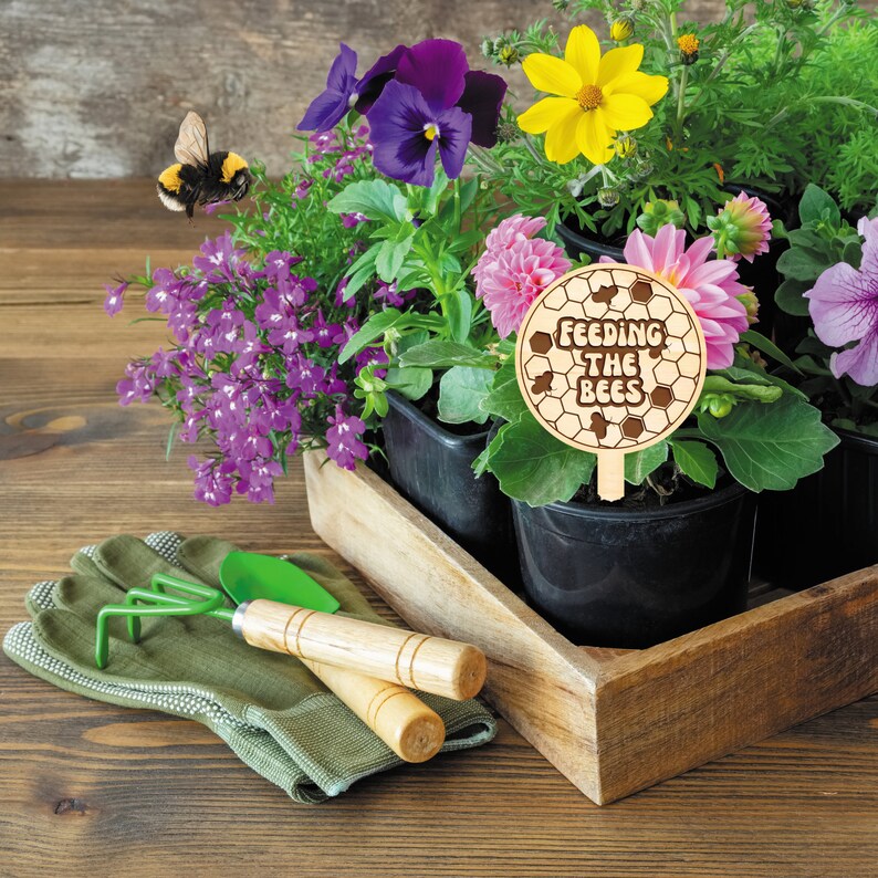 K&ouml;nnte beinhalten: Ein h&ouml;lzerner Gartenpflock mit dem Text "Feeding the Bees" in einem Wabenmuster. Der Pflock befindet sich in einem Blumentopf mit violetten, rosa und gelben Blumen.