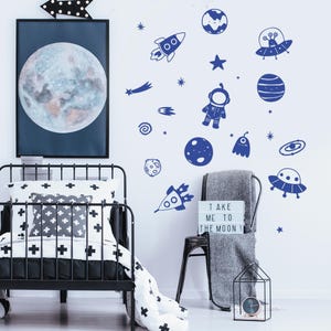 May include: Blue space-themed wall decals featuring a rocket, astronaut, planets, stars, and a UFO. The decals are on a white wall in a child's bedroom.