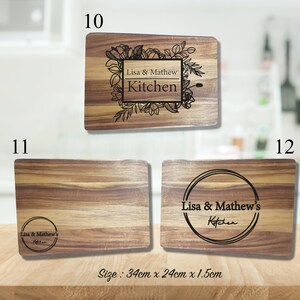 May include: Three wooden cutting boards with different designs. The first board has a floral design with the text "Lisa & Mathew Kitchen". The second board has a circle design with the text "Lisa & Mathew's Kitchen". The third board has a circle design with the text "Lisa & Mathew's Kitchen". All boards are 34 cm x 24 cm x 1.5 cm.