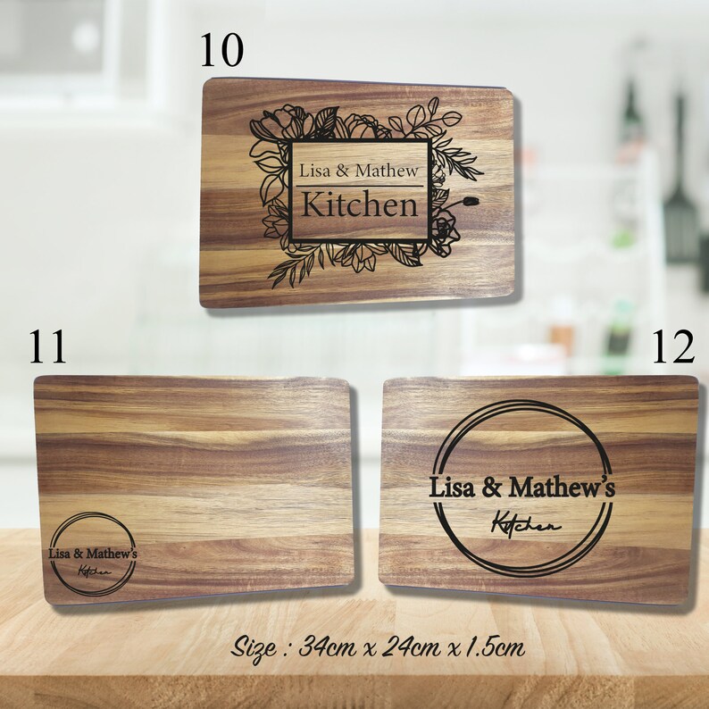May include: Three wooden cutting boards with different designs. The first board has a floral design with the text "Lisa & Mathew Kitchen". The second board has a circle design with the text "Lisa & Mathew's Kitchen". The third board has a circle design with the text "Lisa & Mathew's Kitchen". All boards are 34 cm x 24 cm x 1.5 cm.