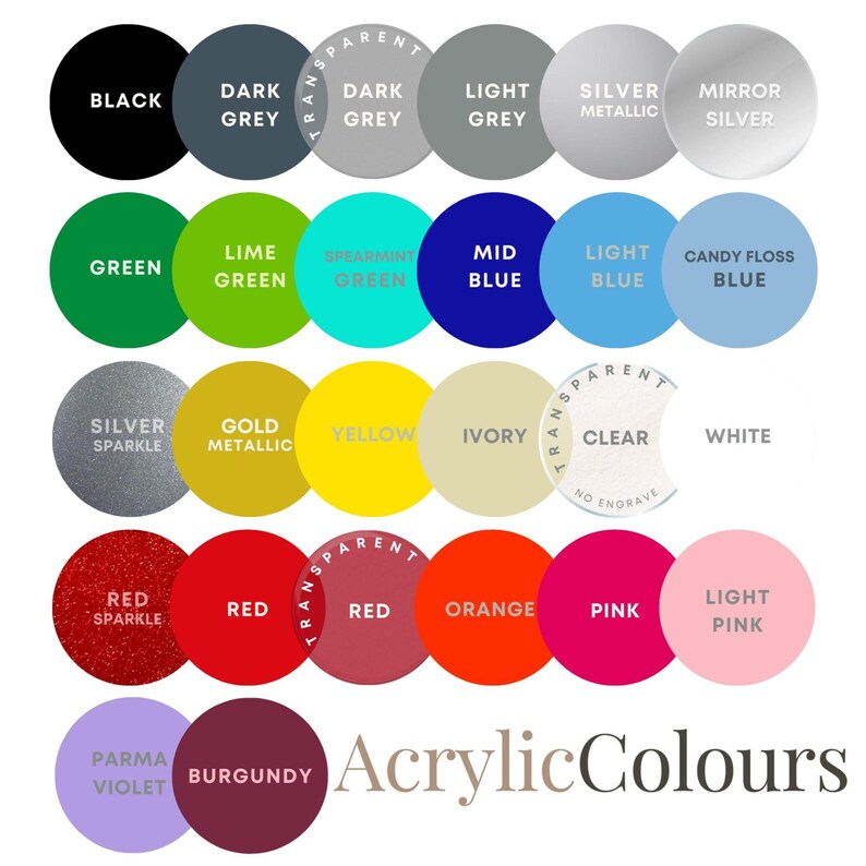 Pode incluir: Um gr&aacute;fico de cores com v&aacute;rias cores acr&iacute;licas em amostras circulares. As cores incluem preto, cinza, verde, azul, prata, ouro, amarelo, vermelho, laranja, rosa e roxo. O texto "Acrylic Colours" est&aacute; na parte inferior.