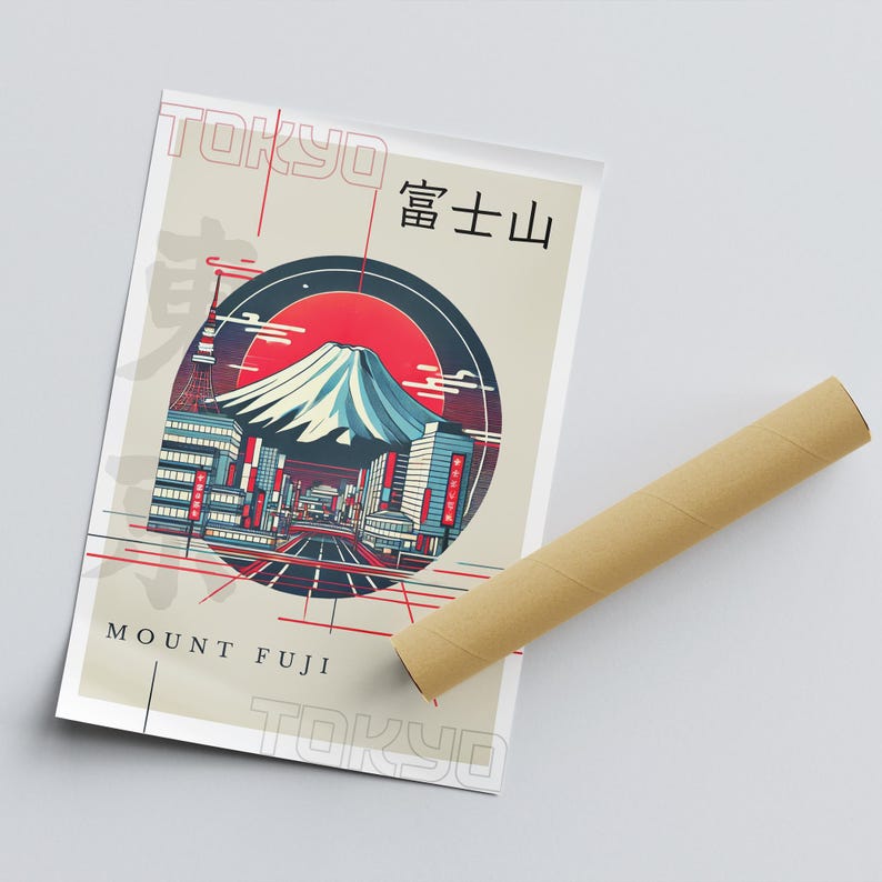 May include: A retro-style poster with a graphic illustration of Mount Fuji and a cityscape in front of it. The poster has a red, white, and blue color scheme and the text "TOKYO 富士 山 MOUNT FUJI TOKYO" in a stylized font.