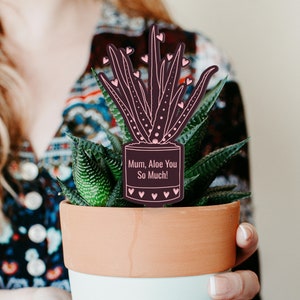 Op de afbeelding: Een bruine plantenpot met een groene succulent. Een roze en bruine sticker met de tekst "Mum, Aloe You So Much!" is aan de pot bevestigd.