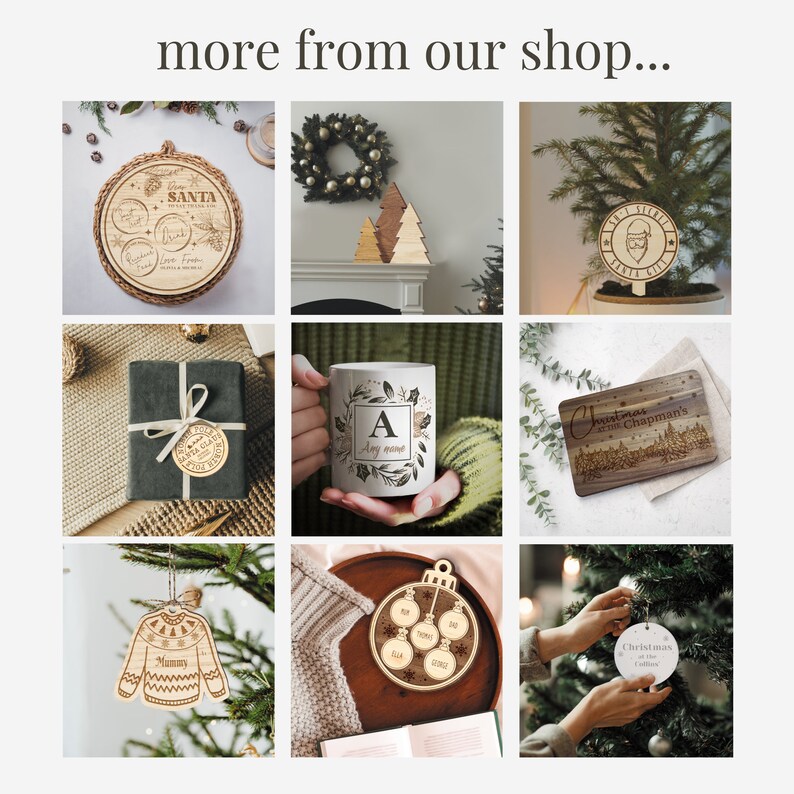 May include: A collection of Christmas-themed wooden ornaments and decorations. Includes a wreath, tree ornaments, a mug, a wooden sign, and a gift wrapped in dark paper with a wooden tag. The text "more from our shop..." is at the top.