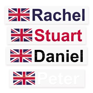 May include: Four name tags with the Union Jack flag and names: Rachel, Stuart, Daniel, and Peter. The names are in navy blue, red, black, and white, respectively. The tags are rectangular and white.