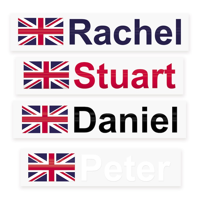 May include: Four name tags with the Union Jack flag and names: Rachel, Stuart, Daniel, and Peter. The names are in navy blue, red, black, and white, respectively. The tags are rectangular and white.