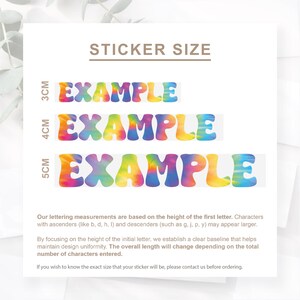 May include: Image showing sticker size examples. Three lines of the word "EXAMPLE" in a tie-dye pattern are displayed, with heights of 3cm, 4cm, and 5cm. The text "STICKER SIZE" is at the top. Additional text explains lettering measurements.