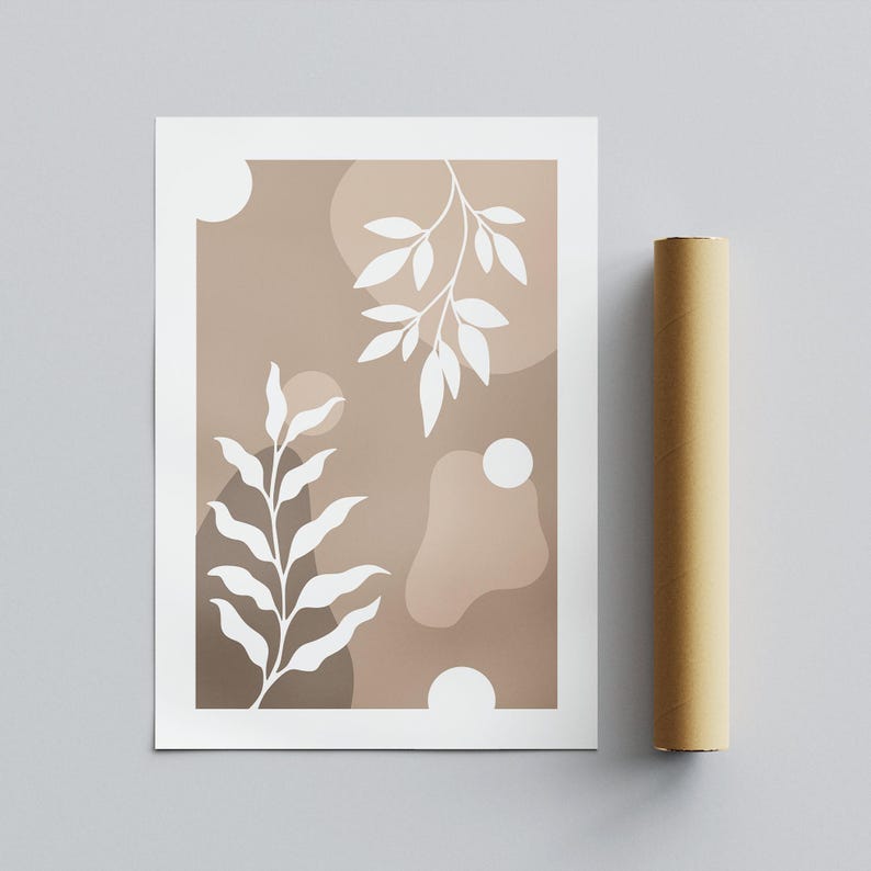 May include: Abstract art print with white stylized leaves on a brown background. The print features organic shapes and a minimalist design.