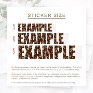 May include: A diagram showing sticker size examples. The text "STICKER SIZE" is at the top. Examples of 3cm, 4cm, and 5cm stickers are shown, each with the word "EXAMPLE" in a skull and rose design. Further text explains the measurements.