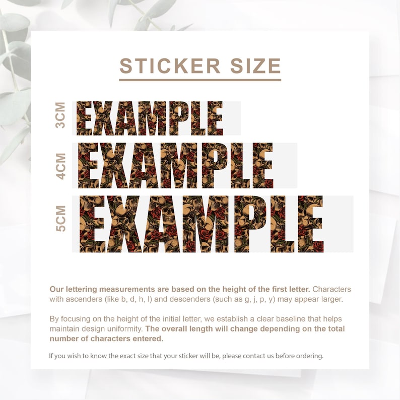 May include: A diagram showing sticker size examples. The text "STICKER SIZE" is at the top. Examples of 3cm, 4cm, and 5cm stickers are shown, each with the word "EXAMPLE" in a skull and rose design. Further text explains the measurements.