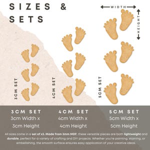 Op de afbeelding: Drie sets houten babyvoetjes in drie verschillende maten: 3 cm, 4 cm en 5 cm. Elke set bevat drie voetjes. De voetjes zijn gemaakt van 3 mm MDF en zijn licht en duurzaam.