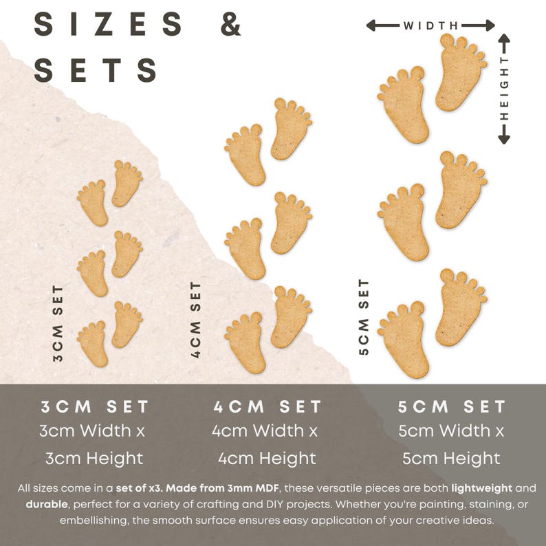 Op de afbeelding: Drie sets houten babyvoetjes in drie verschillende maten: 3 cm, 4 cm en 5 cm. Elke set bevat drie voetjes. De voetjes zijn gemaakt van 3 mm MDF en zijn licht en duurzaam.