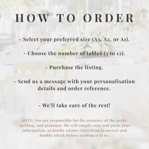 May include: White background with text that reads "HOW TO ORDER". Instructions include selecting a size (A3, A2, or A1), choosing the number of tables (5 to 12), purchasing the listing, and sending personalization details.