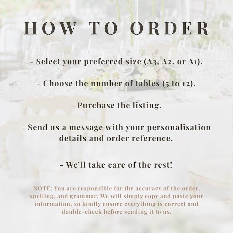 May include: White background with text that reads "HOW TO ORDER". Instructions include selecting a size (A3, A2, or A1), choosing the number of tables (5 to 12), purchasing the listing, and sending personalization details.