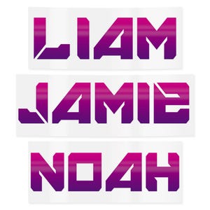 May include: Three rectangular stickers featuring the names Liam, Jamie, and Noah. Each name is rendered in a bold, geometric font with a gradient effect from purple to pink. The stickers have a white background.