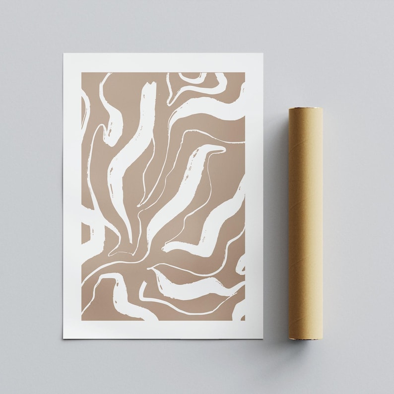 May include: Abstract art print with a brown background and white wavy lines. The print is framed with a white border.