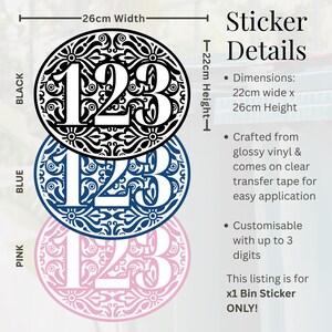 May include: Black, blue, and pink decorative bin stickers with the numbers 123. Each sticker is a circle with an ornate floral design. The black sticker is 26cm wide and 22cm high. The text on the image says "Sticker Details".