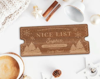 Boleto de Lista de Buenos Amigos - Árboles: Certificado de Boleto de Madera Personalizado de Lista de Buenos Amigos de Papá Noel, Recuerdo Navideño para Niños, Regalo Navideño Mágico