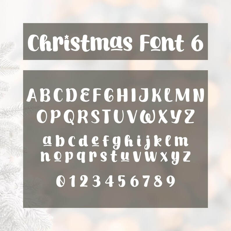 May include: A white Christmas Font 6, showcasing uppercase and lowercase letters, along with numbers 0-9. The font is displayed on a gray background, perfect for holiday-themed designs and crafts.