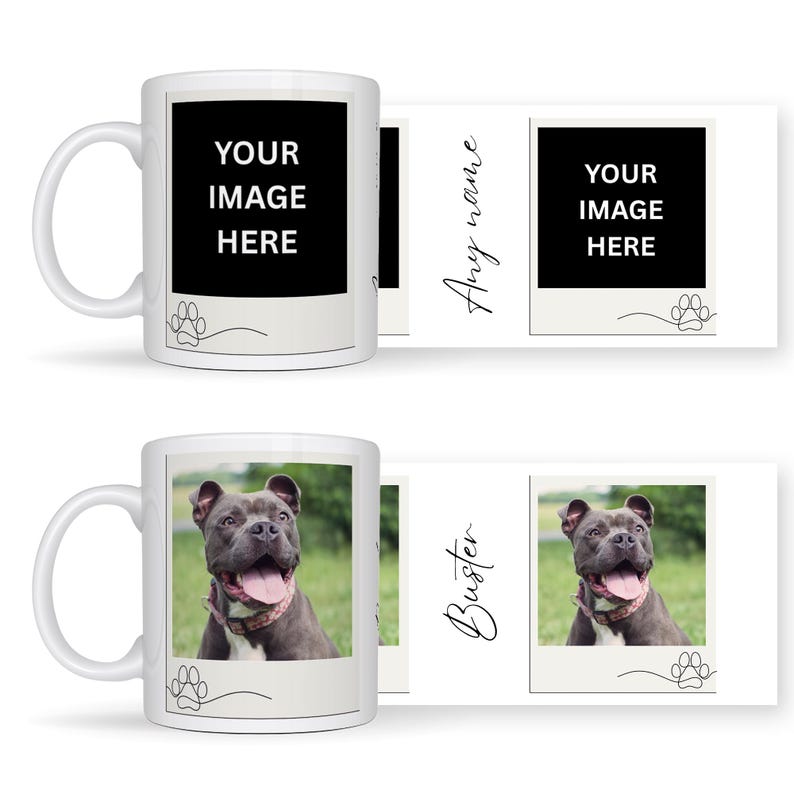 May include: White ceramic mug with a photo frame design. One mug features a dog photo, the other has "YOUR IMAGE HERE" text. Includes a paw print graphic and space for a name.