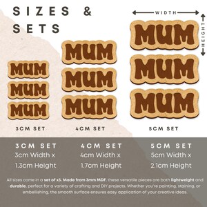 May include: Three sets of wooden "MUM" signs in brown and beige, with sizes 3cm, 4cm, and 5cm. Each set includes three signs. The signs are made from 3mm MDF and are lightweight and durable.
