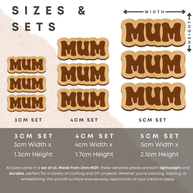 May include: Three sets of wooden "MUM" signs in brown and beige, with sizes 3cm, 4cm, and 5cm. Each set includes three signs. The signs are made from 3mm MDF and are lightweight and durable.