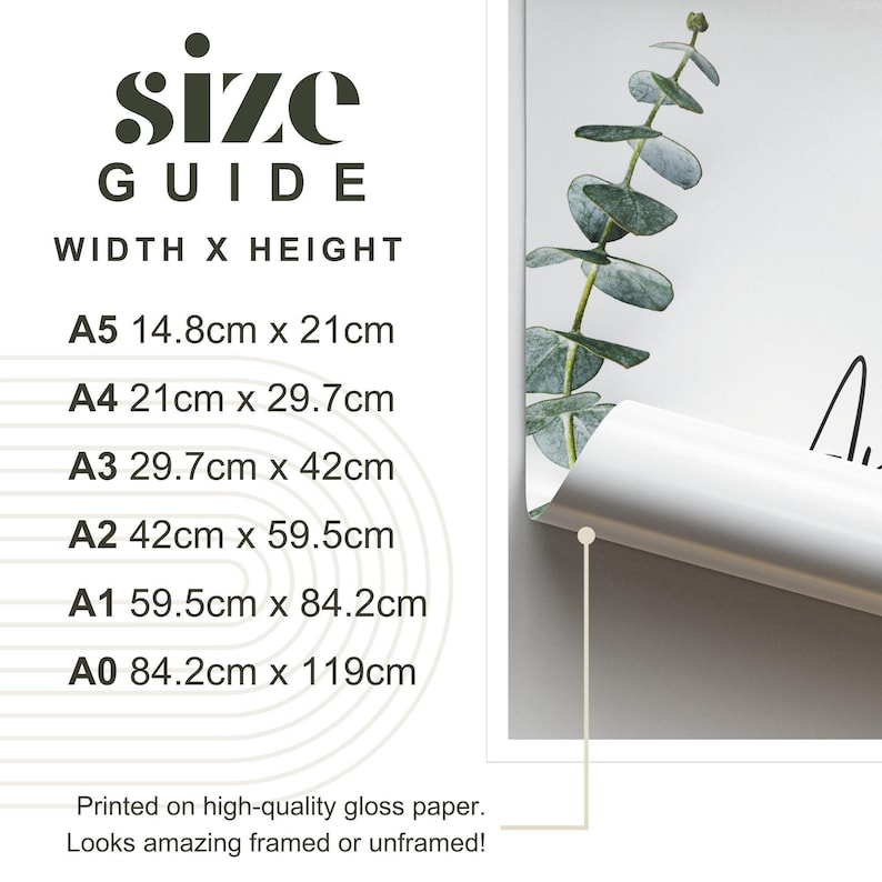 Op de afbeelding: Een maattabel voor prints, die de breedte en hoogte van verschillende papierformaten in centimeters weergeeft. De vermelde formaten zijn A5, A4, A3, A2, A1 en A0. De tabel geeft ook aan dat de prints zijn gedrukt op hoogwaardig glanspapier en er fantastisch uitzien, zowel ingelijst als oningelijst.