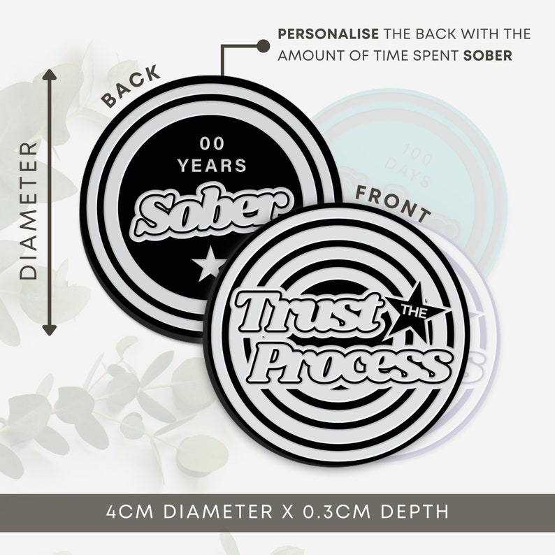 Trust The Process - Retro Acrylic Sobriety Chip: Customisable Sober Time, Personalised Sobriety Coin, AA Token, Recovery Milestone Gift image 4