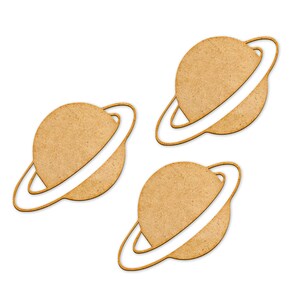 May include: Three brown paper cutouts of planets with rings. The planets are all the same size and shape, and they are all facing the same direction. The rings are all the same size and shape, and they are all facing the same direction.