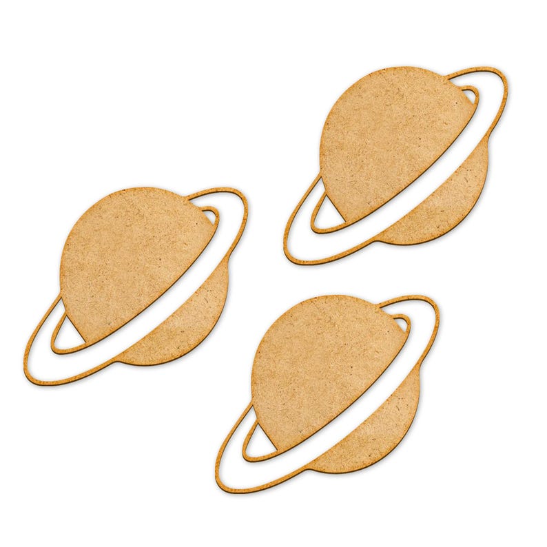 May include: Three brown paper cutouts of planets with rings. The planets are all the same size and shape, and they are all facing the same direction. The rings are all the same size and shape, and they are all facing the same direction.