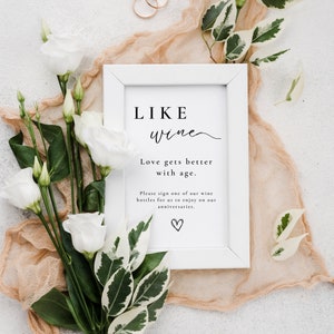 May include: White framed sign with the text "LIKE wine Love gets better with age. Please sign one of our wine bottles for us to enjoy on our anniversaries."  A heart symbol is at the bottom of the sign. The sign is surrounded by white flowers and green leaves.