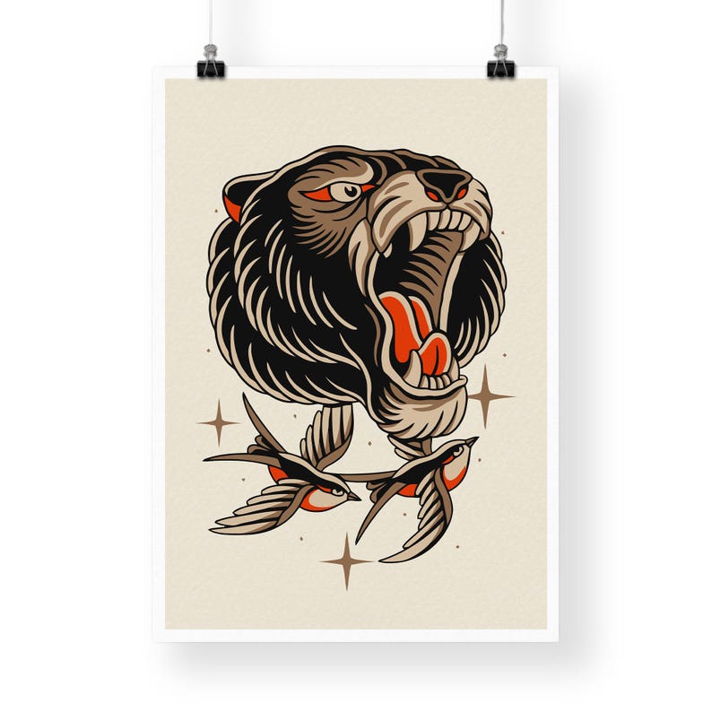 Tatuaje tradicional - Póster de oso: Lámina de arte de tatuajes / Diseños vintage / Arte mural clásico inspirado en la tinta / Decoración alternativa para el hogar imagen 4