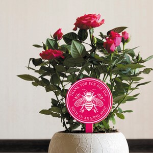 May include: A pink plant stake with a white bee design and the text "Thank you for being such an amazing Mum!"  The stake is in a pot with a pink rose bush.