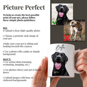 May include: White ceramic mug featuring a black Labrador Retriever portrait with the name "Bella" in cursive. The image also includes photo guidelines for pet portraits, with examples of acceptable and unacceptable photos.