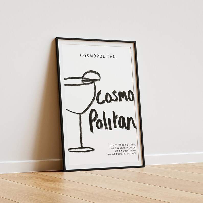 May include: Black and white illustration of a Cosmopolitan cocktail with the text "COSMOPOLITAN", "COSMO", and "Politan" and the recipe: "1 1/2 OZ VODKA CITRON, 1 OZ CRANBERRY JUICE, 1/2 OZ COINTREAU, 1/2 OZ FRESH LIME JUICE".