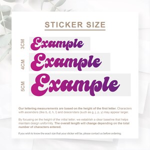 May include: A white background with the text "STICKER SIZE" above three examples of the word "Example" in a purple, cursive font. The examples are labeled with heights of 3cm, 4cm, and 5cm.