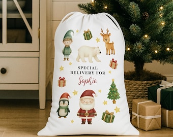 Personalised Christmas Santa Sack with Festive Characters – Custom Name Gift Bag
