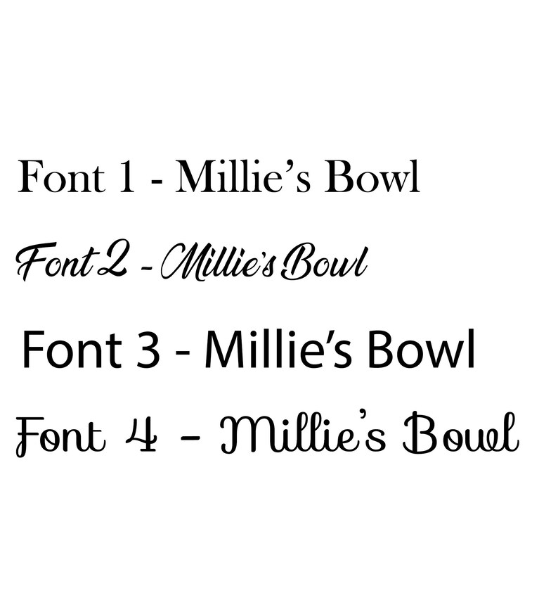 Puede incluir: Se muestran cuatro estilos de fuente diferentes del texto "Millie's Bowl". La primera fuente es una fuente sans-serif simple. La segunda fuente es una fuente cursiva. La tercera fuente es una fuente sans-serif en negrita. La cuarta fuente es una fuente de escritura.