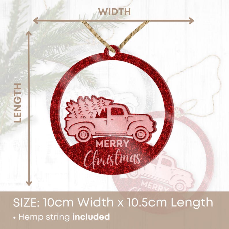 May include: Red glitter Christmas ornament featuring a pink truck carrying a Christmas tree with the text "Merry Christmas". The ornament is 10 cm wide and 10.5 cm long.