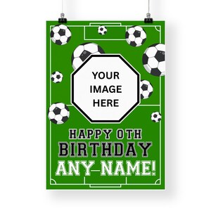 May include: A green poster with a soccer field design, featuring soccer balls and the text "YOUR IMAGE HERE" in a white octagon. The poster also includes the text "HAPPY 0TH BIRTHDAY ANY-NAME!"