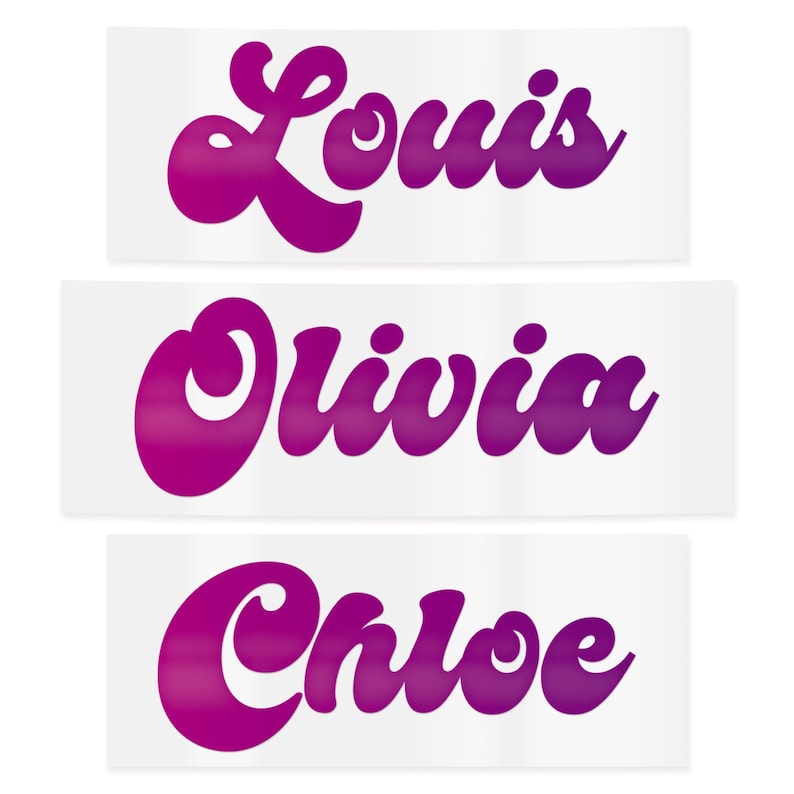 May include: Three white rectangular stickers with names in a retro font. The names are "Louis", "Olivia", and "Chloe", each in a vibrant magenta color. The stickers are arranged vertically against a white background.