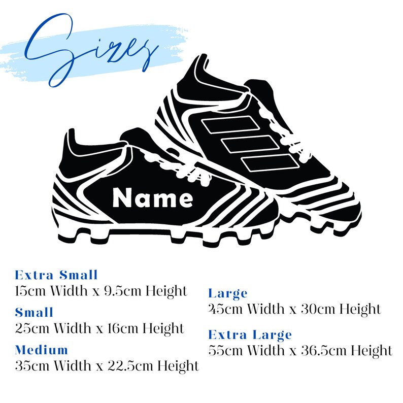 May include: Black and white illustration of a pair of soccer cleats with the word "Name" on the side. The image includes sizing information for extra small, small, medium, large, and extra large cleats. The sizes are listed in centimeters.