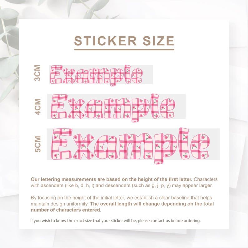 Puede incluir: Imagen que muestra ejemplos de tama&ntilde;os de pegatinas. El texto "STICKER SIZE" est&aacute; en la parte superior. Se muestran tres ejemplos de la palabra "Example" en un patr&oacute;n de cuadros rosas con detalles florales, cada uno con una altura diferente: 3 cm, 4 cm y 5 cm.