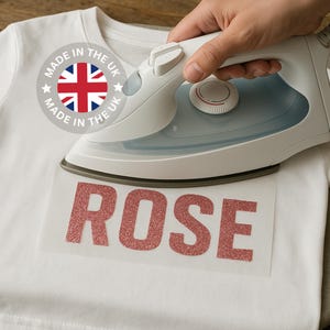 Personalised Iron-On Name Transfer | Glitter or Matte HTV Vinyl | Custom Name Decal for T-Shirts Tote Bags & Baby Grows