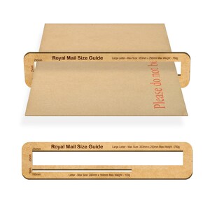 May include: A brown cardboard guide with a cut-out shape for measuring the size of envelopes and packages. The guide includes the text "Royal Mail Size Guide" and instructions for the maximum size and weight of letters and large letters. The text "Please do not be" is printed on the guide.