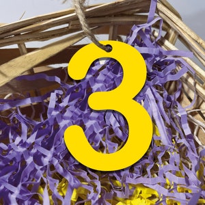 May include: A bright yellow number 3 tag hangs from a natural twine string. The tag is in front of a wooden basket filled with purple and yellow shredded paper. The background is a light gray.
